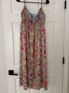 ASTR The Label Floral Smocked Midi Dress in Pink, Yellow & Blue